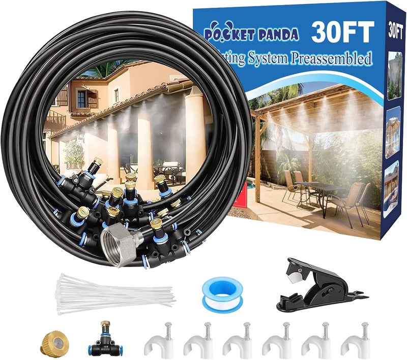 POCKET PANDA Pre-Assembled Misters for Outside Patio,Outdoor Water Misting Cooling System,30FT|9M.Backyard Mist Kit for Garden,Greenhouse,Deck,Umbrella,Canopy,Pool,Porch.Trampoline Sprinkler,BBQ Party Accessories - Image 1